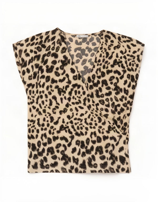 Zara Dame Bluse Top UK 18 XL Beige Animal Print Polyester