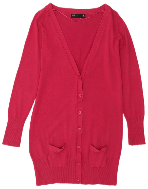 Zara Womens Longline Cardigan Sweater UK 14 Large Pink Bomuld