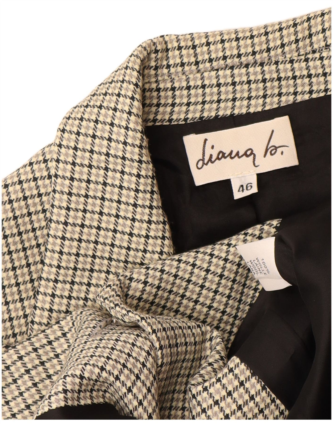 VINTAGE Dame 3-knaps blazerjakke IT 46 Large Grå Houndstooth Uld