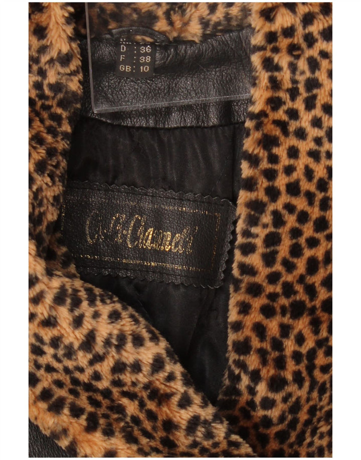 VINTAGE Oversized læderfrakke til kvinder UK 10 Small Black Animal Print