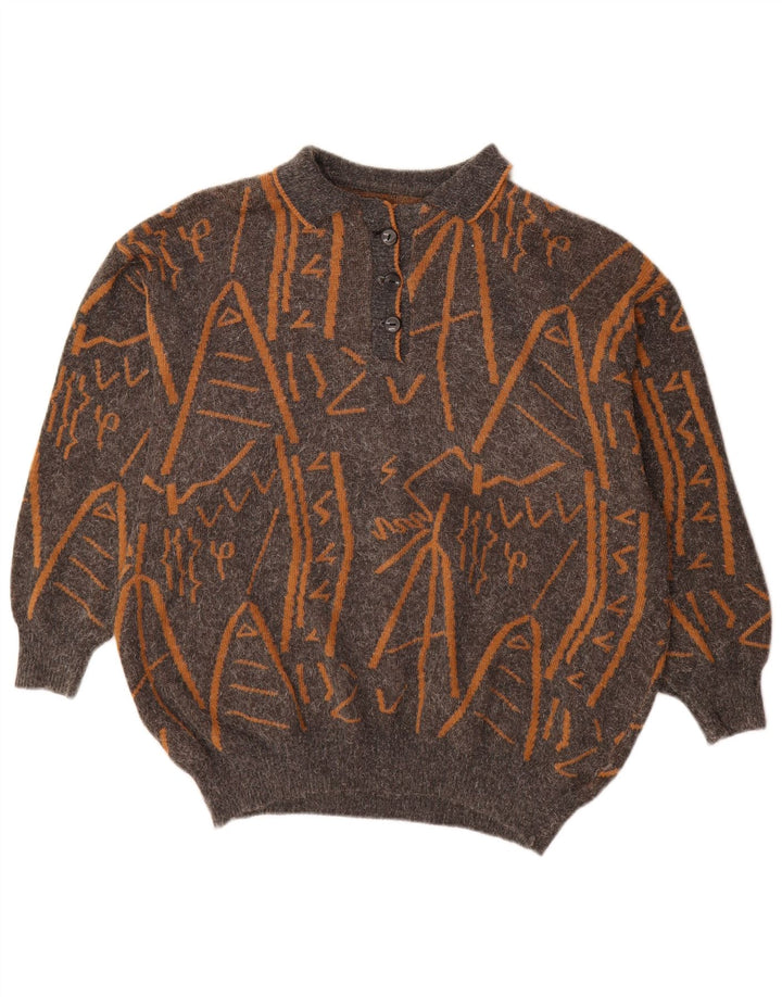Vintage kvinders abstrakt mønster polo hals sweater UK 16 stor grå