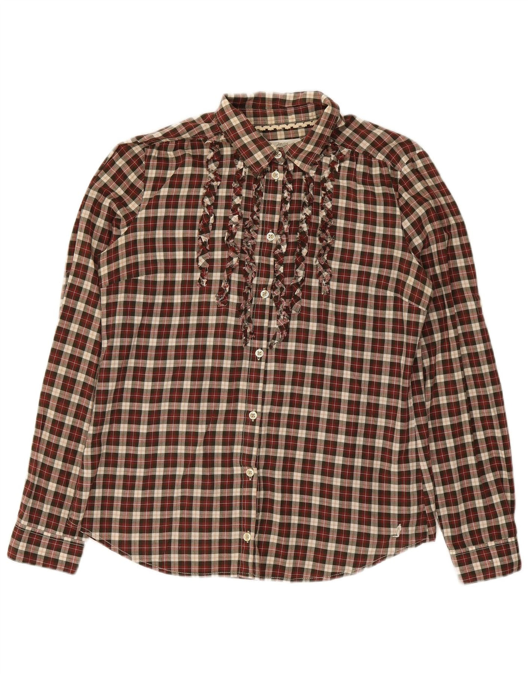 MARLBORO CLASSICS Womens Ruffle Front Shirt IT 46 Large Burgundy Check