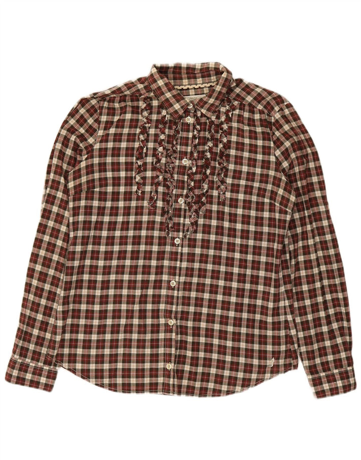 MARLBORO CLASSICS Womens Ruffle Front Shirt IT 46 Large Burgundy Check