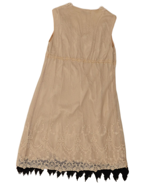 Vintage Kvinders Ærmeløs A-Line Kjole UK 10 Small Beige Floral Bomuld