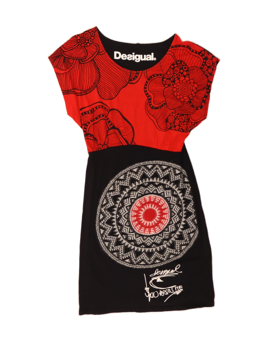 DESIGUAL Womens Graphic Basic Dress UK 6 XS Red Floral Cotton Vintage Desigual and Second-Hand Desigual from Messina Hembry 