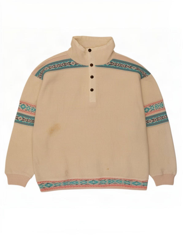Silvy Herre Button Neck Fleece Jumper Large Off White Fair Isle Polyester