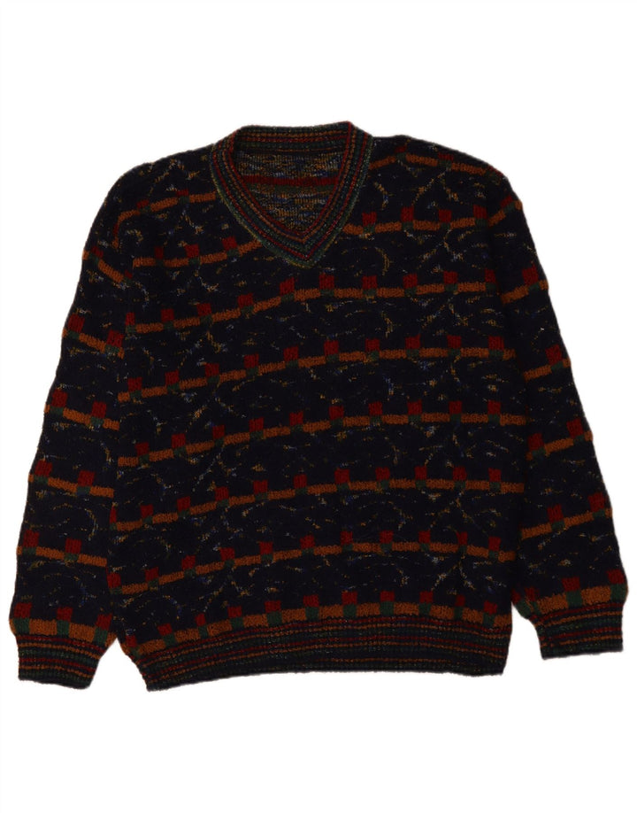 VINTAGE Herre V-hals sweater XL marineblå geometrisk uld
