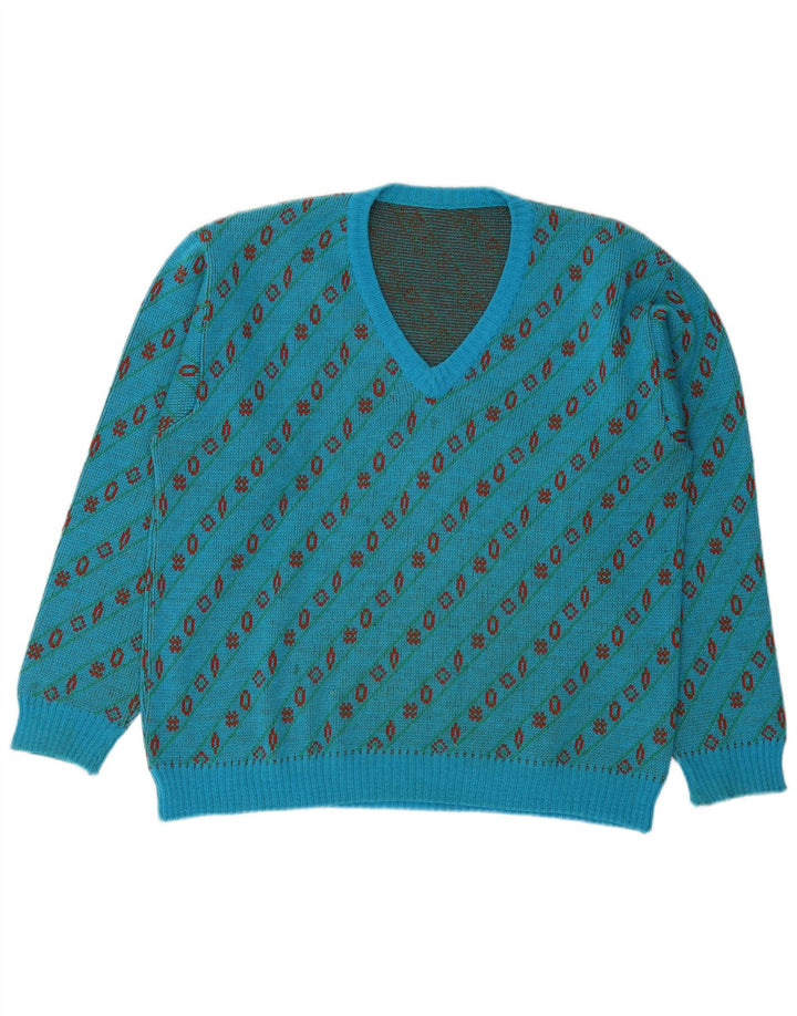 Vintage herre V-hals sweater stor blå geometrisk uld