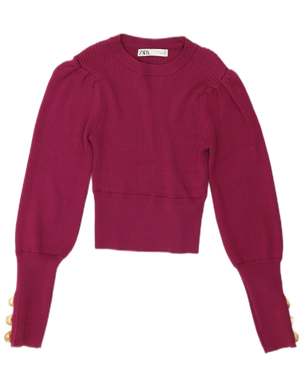 ZARA Dame Crop Crew Neck Jumper Sweater UK 10 Small Burgundy Polyester