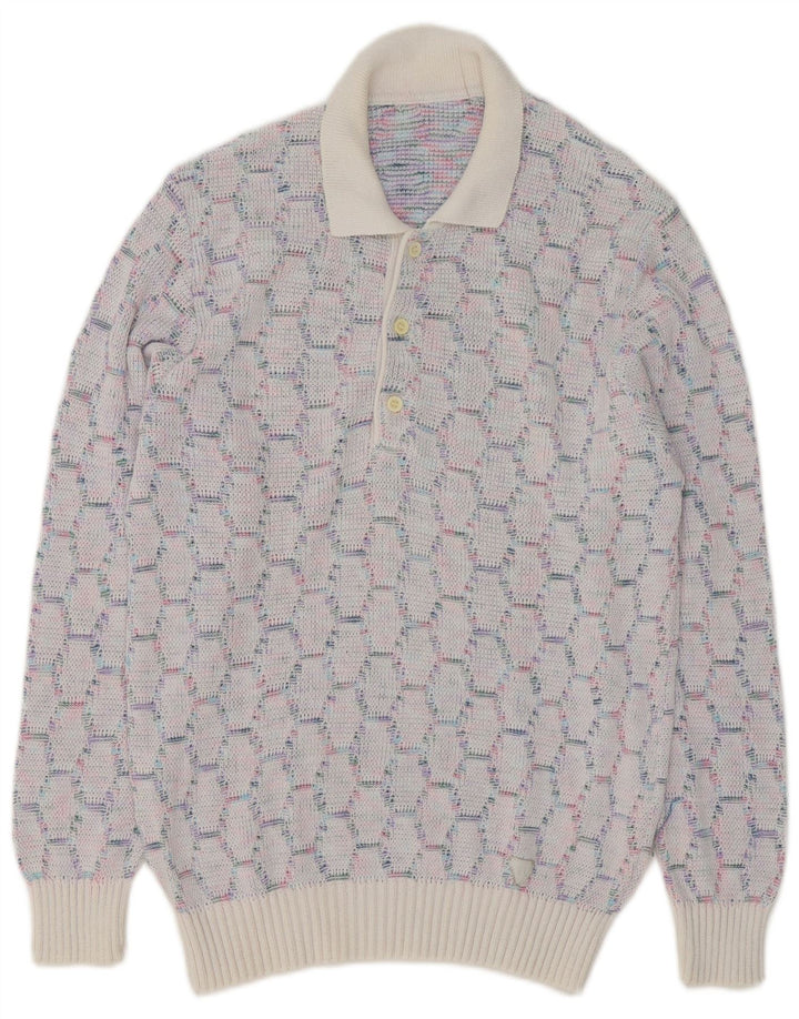 VINTAGE Herre polo-hals sweater mellemblå geometrisk