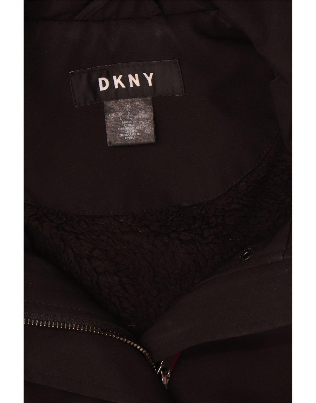 Dkny Dame Hætte Sherpa Overfrakke UK 16 Stor Sort Polyester