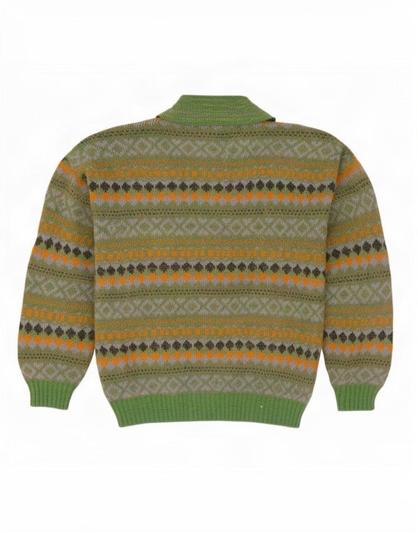 Vintage Herre Polo Neck Jumper Sweater Medium Green Fair Isle Wool