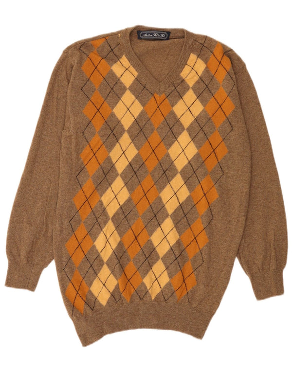 Vintage Herre V-hals sweater XL Brun Argyle/Diamond Wool