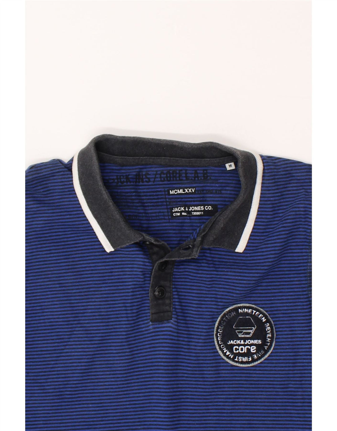 JACK & JONES Mens Graphic Polo Shirt Medium Navy Blue Pinstripe Vintage Jack & Jones and Second-Hand Jack & Jones from Messina Hembry 
