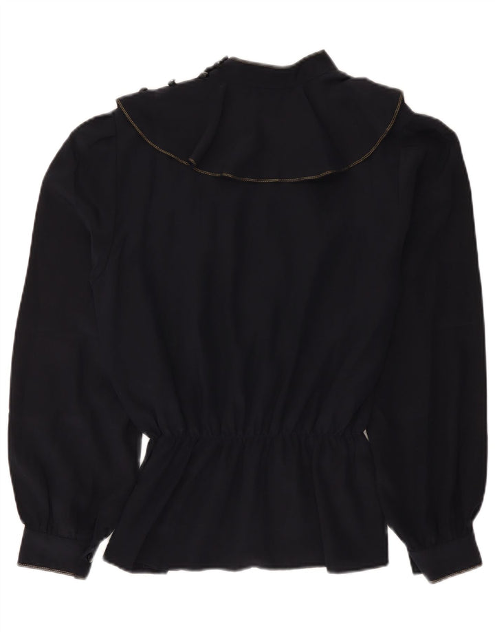 Vintage Dame Langærmet Bluse Top UK 14 Medium Navy Blue Floral