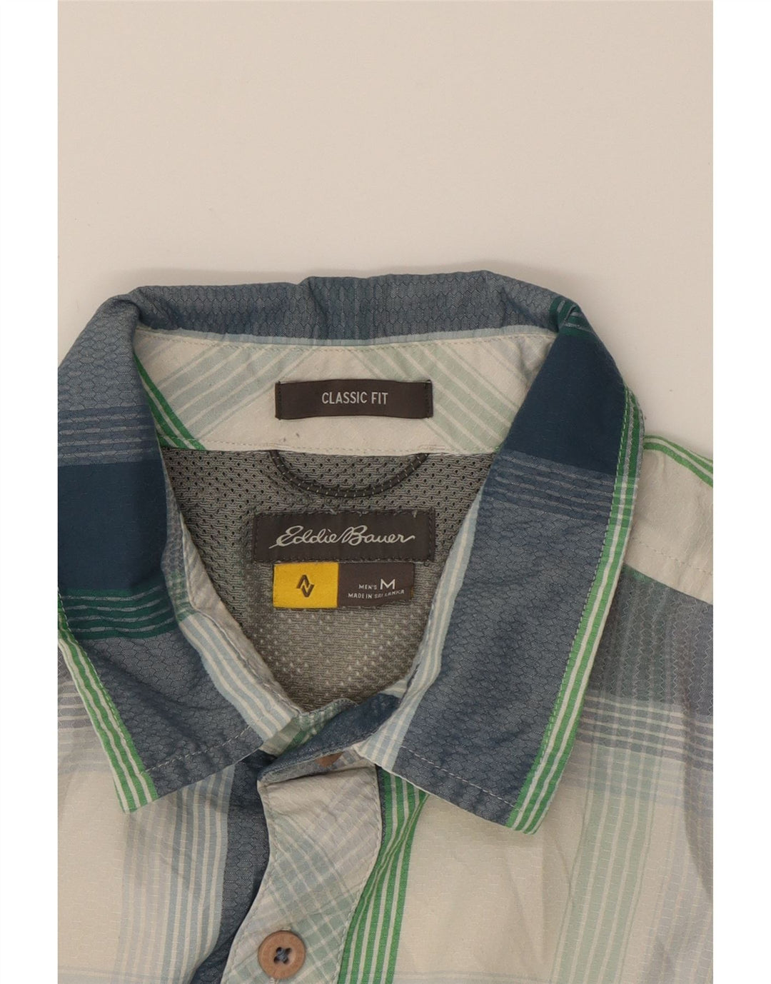 EDDIE BAUER Mens Classic Fit Short Sleeve Shirt Medium Blue Check Nylon Vintage Eddie Bauer and Second-Hand Eddie Bauer from Messina Hembry 