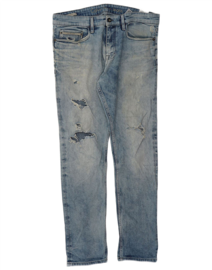 CALVIN KLEIN Herre Distressed Skinny Jeans 33 L32 Blå Bomuld