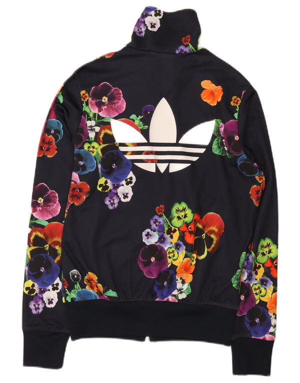 Adidas Dame Grafisk Træningsdragt Top Jacket UK 10 Small Navy Blue Floral