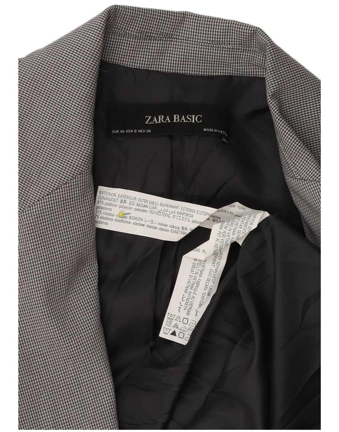 Zara Dame 1-knaps blazerjakke EU 40 Medium Grey Houndstooth Polyester