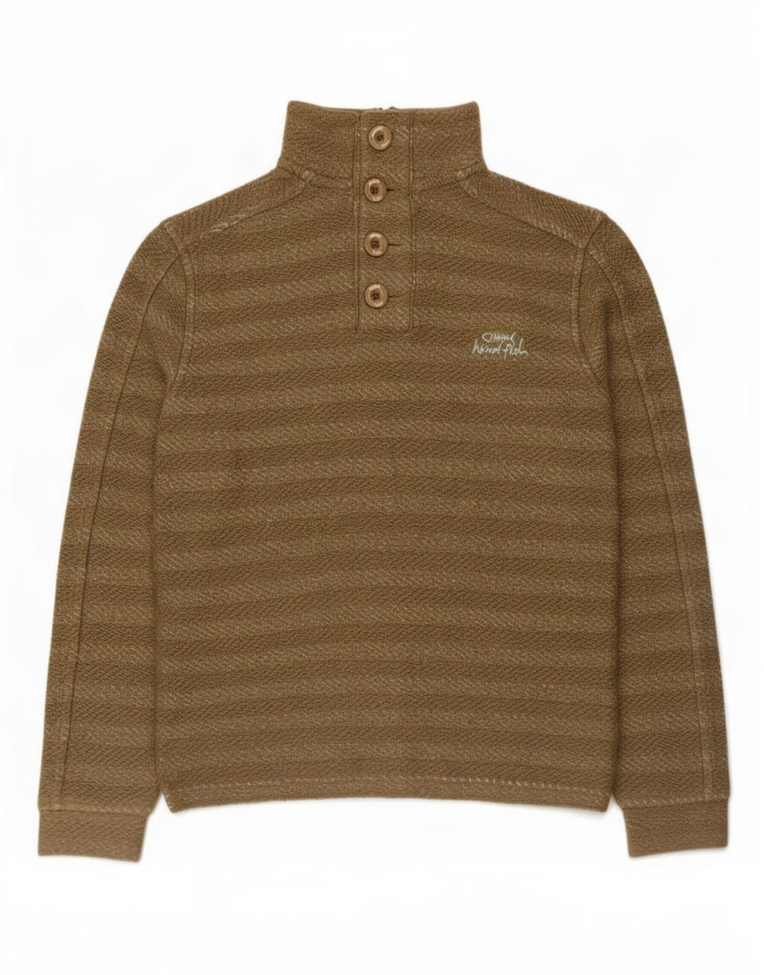 Weird Fish Herre Button Neck Sweatshirt Jumper lille Khaki stribet bomuld