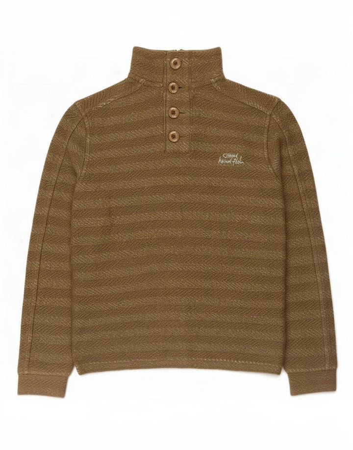 Weird Fish Herre Button Neck Sweatshirt Jumper lille Khaki stribet bomuld