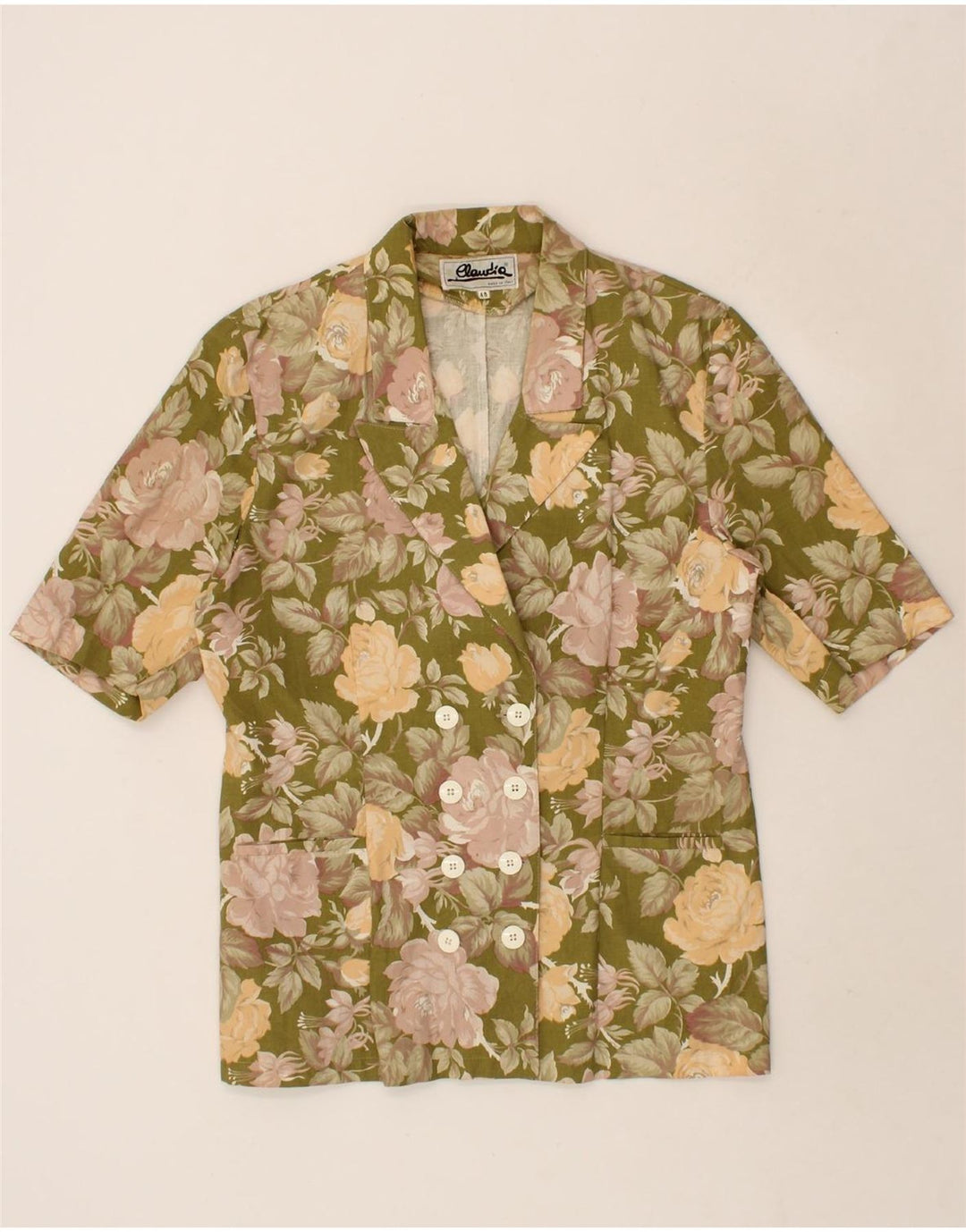 VINTAGE Womens Short Sleeve Blazer Jacket EU 40 Medium Green Floral Vintage Vintage and Second-Hand Vintage from Messina Hembry 