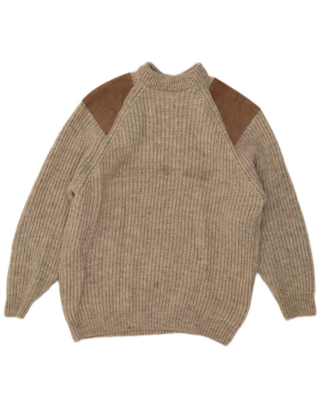 Vintage Herre Turtle Neck Jumper Sweater Stor Beige Colourblock Uld