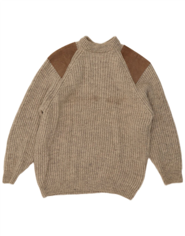 Vintage Herre Turtle Neck Jumper Sweater Stor Beige Colourblock Uld