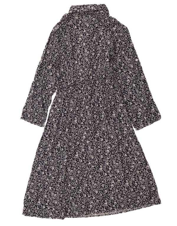 VINTAGE Langærmet maxikjole til kvinder UK 14 Stor marineblå blomsterbomuld