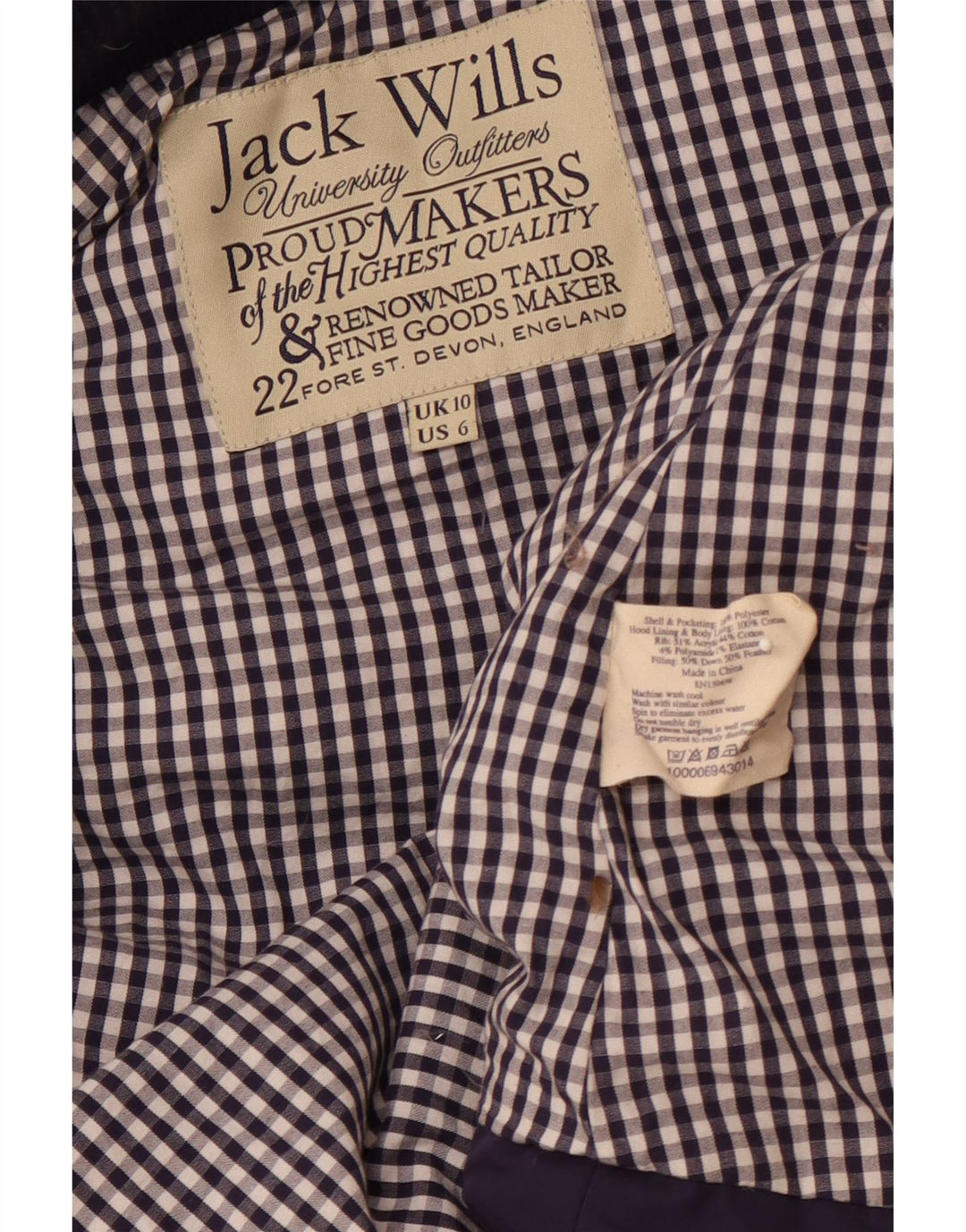 JACK WILLS Dame hætte polstret Gilet UK 10 Small Navy Blue Polyester