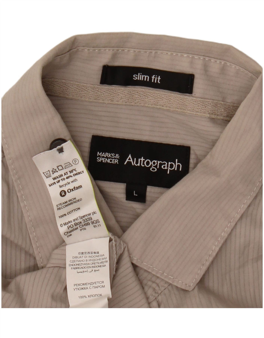 Marks & Spencer Herre Autograph Kortærmet Skjorte Stor Beige Stribet