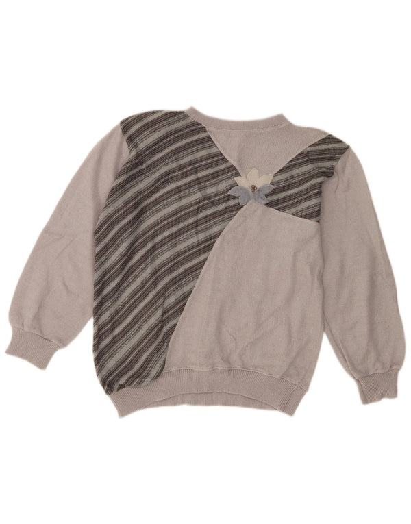 Vintage dame sweater med rund hals DK 14 mellem grå stribet akryl