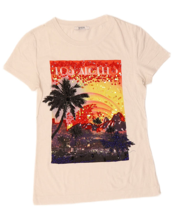 Guess Womens Los Angeles Grafisk T-Shirt Top UK 10 Small White Bomuld