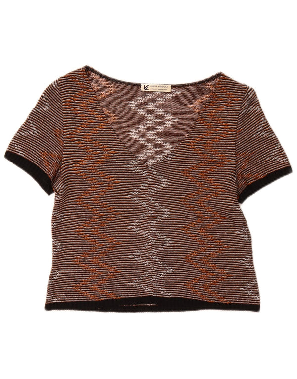 Vintage Womens Crop Bluse Top UK 10 Small Brown Pinstripe