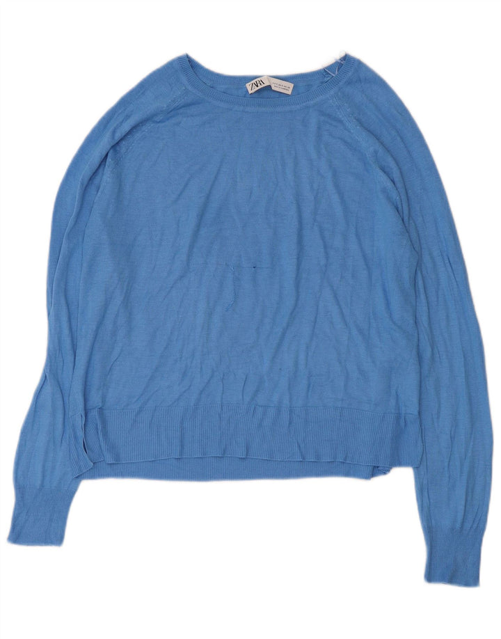 Zara Womens Crop Oversized Boat Neck Jumper Sweater UK 10 Small Blue