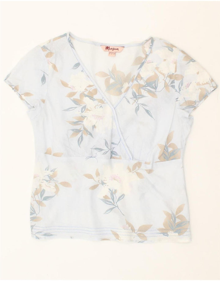 MONSOON Womens Blouse Top UK 14 Medium Blue Floral Linen Vintage Monsoon and Second-Hand Monsoon from Messina Hembry 