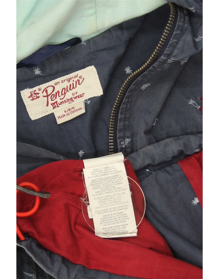 Penguin Herre abstrakt mønster Hooded Bomber Jacket UK 40 Large Blue Cotton