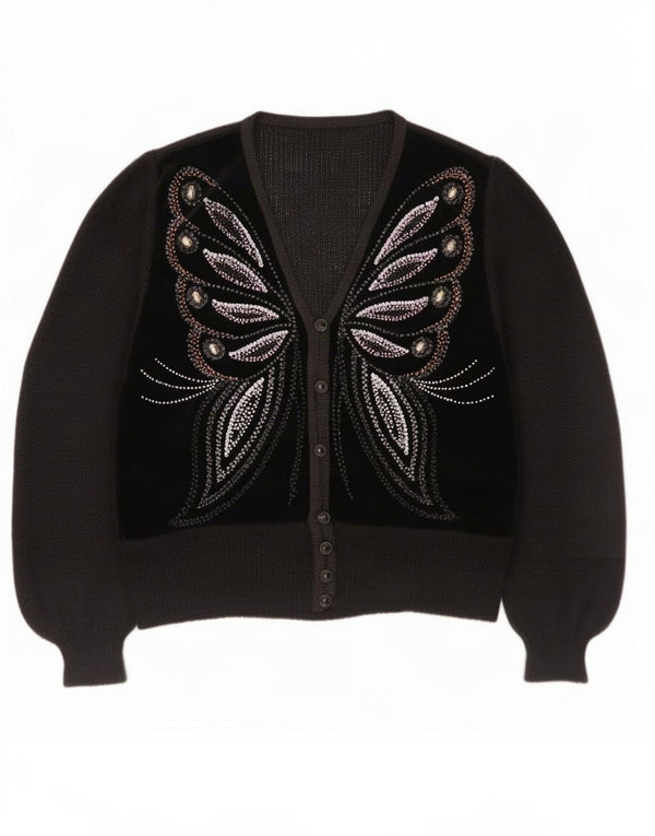 Vintage Kvinders Grafisk Velvet Cardigan Sweater UK 16 Large Black Butterfly