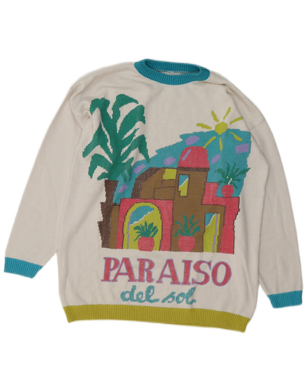 VINTAGE Dame sweater med rund hals DK 16 Stor hvid farveblok