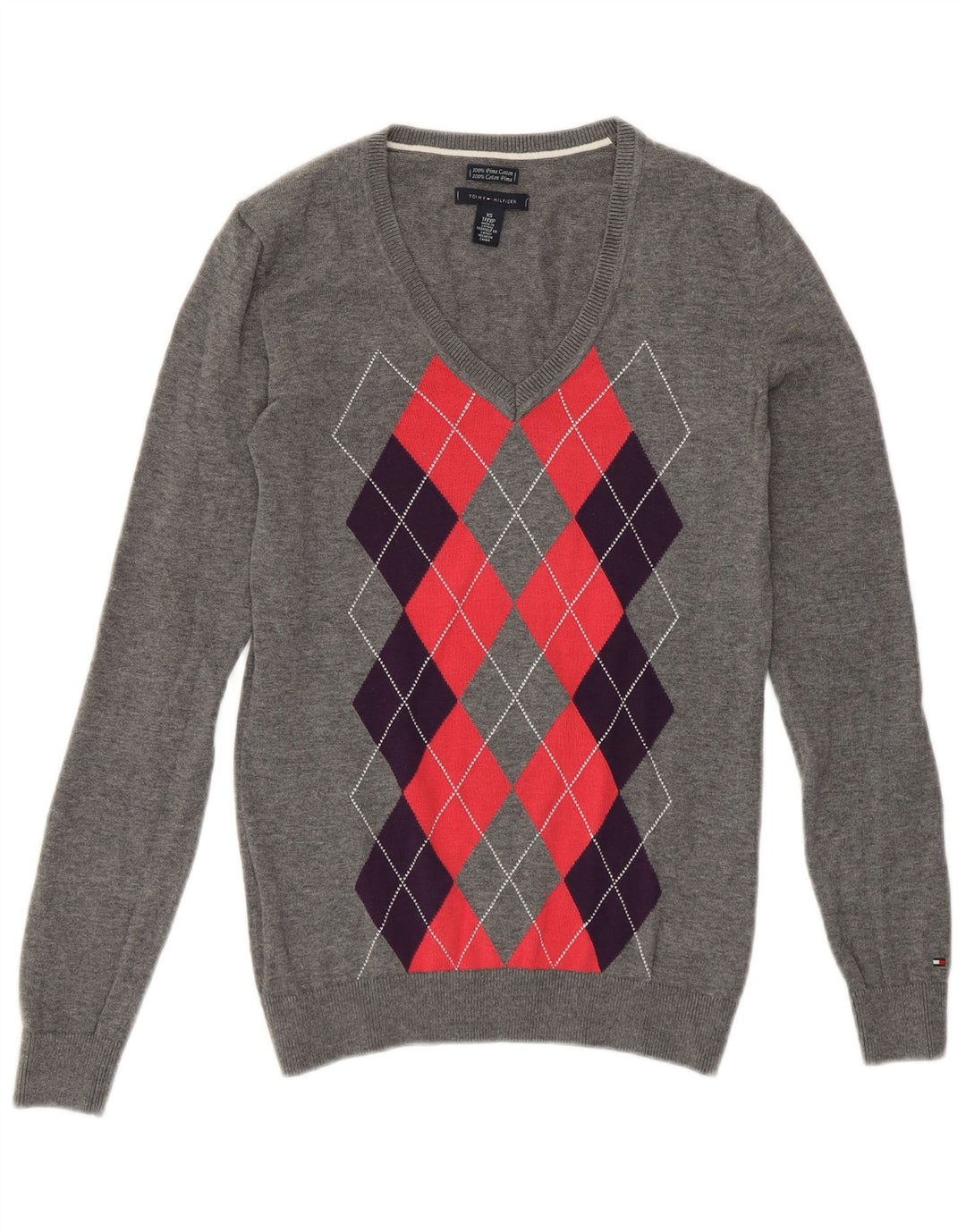 TOMMY HILFIGER Dame V-hals sweater UK 6 XS Grey Argyle/Diamond