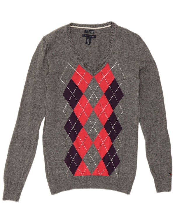 TOMMY HILFIGER Dame V-hals sweater UK 6 XS Grey Argyle/Diamond