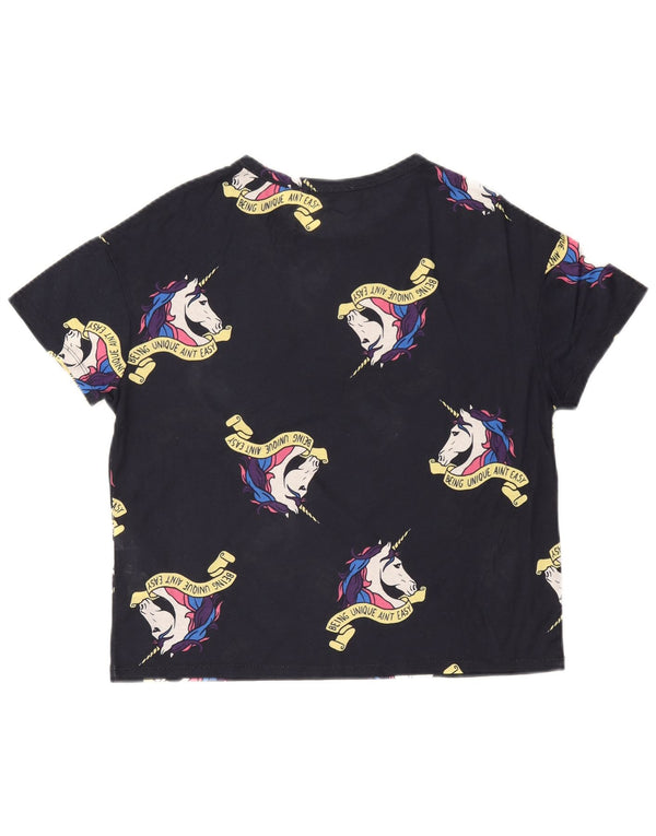 Zara Womens Unicorn Loose Fit Grafisk T-Shirt Top UK 10 Small Navy Blue
