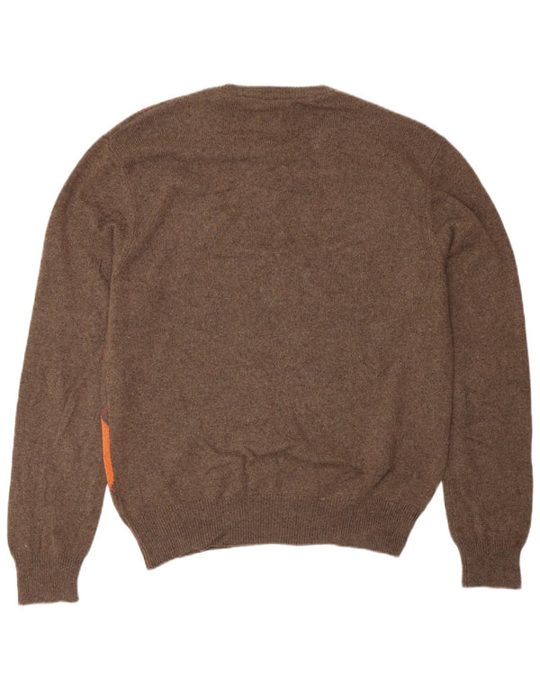 VINTAGE Herre Crew Neck Jumper Sweater IT 48 Small Brown Argyle/Diamond