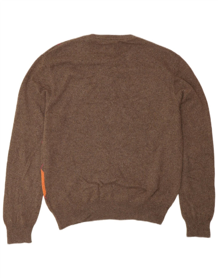 VINTAGE Herre Crew Neck Jumper Sweater IT 48 Small Brown Argyle/Diamond