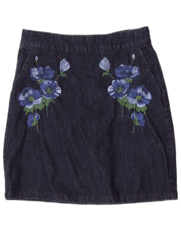 Warehouse Dame Denim Nederdel UK 10 Small W28 Blue Floral Bomuld