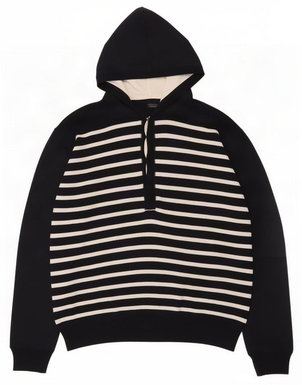 Zara Herre Hooded Button Neck Sweater XL Marineblå Stribet Bomuld