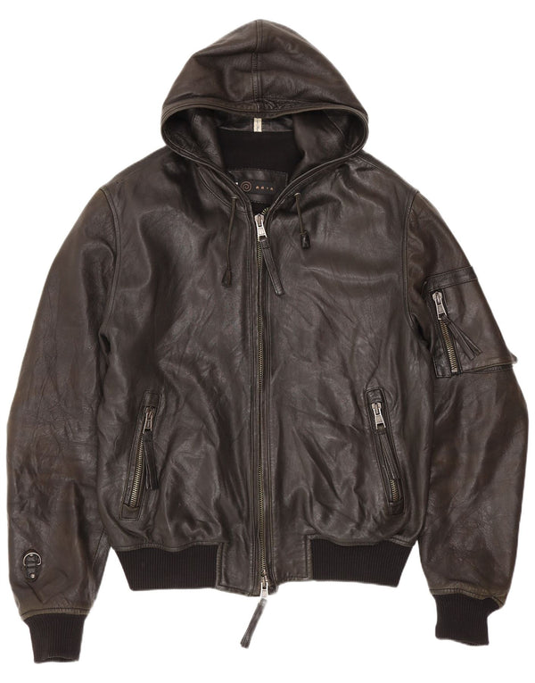 Aria Herre Hooded Læder Bomber Jacket IT 50 Large Black