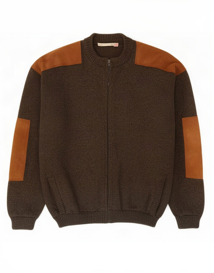 Vintage cardigan sweater med lynlås til mænd Medium Khaki Colourblock