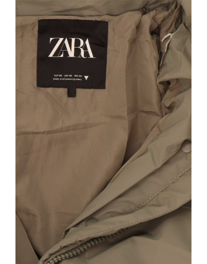 Zara Dame Hætte Oversized Polstret Jakke UK 6 XS Khaki Polyester