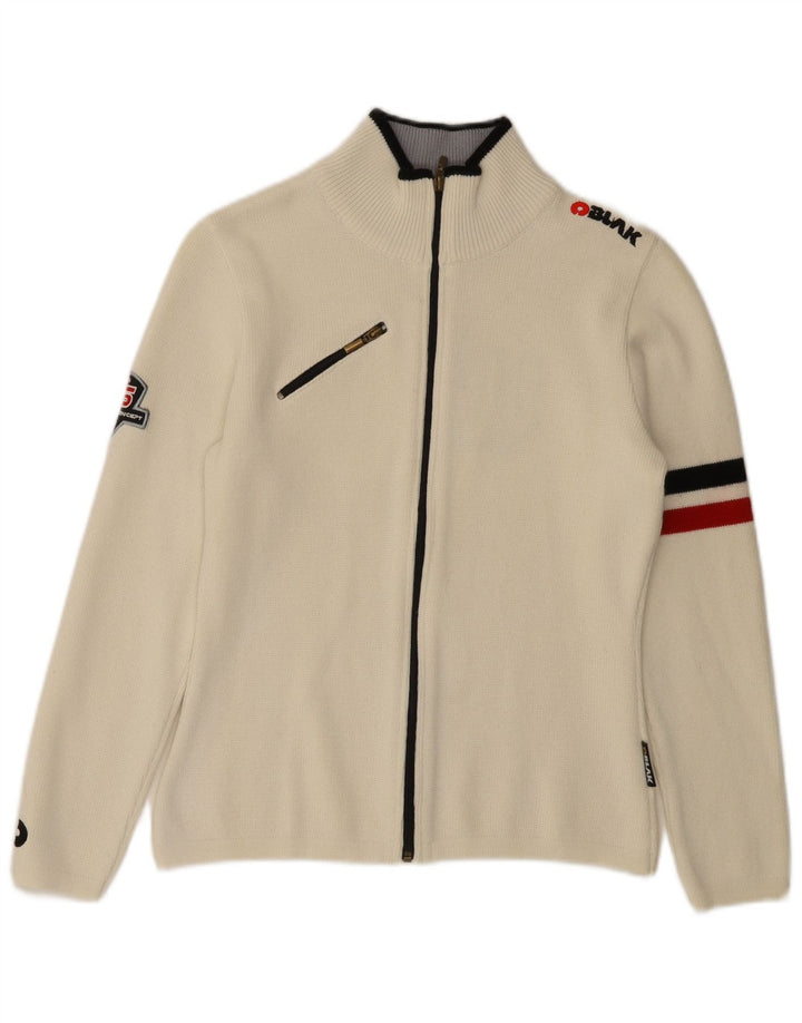 Vintage kvinders grafisk cardigan sweater UK 10 Small Off White